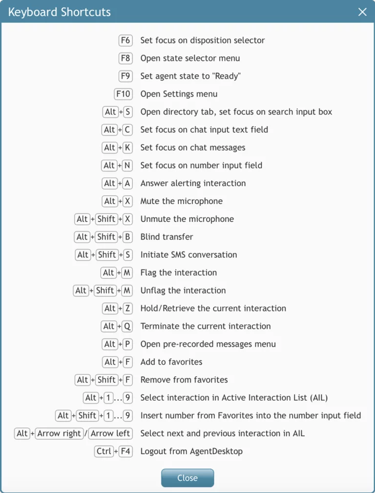 image: List of all Agent Desktop keyboard shortcuts